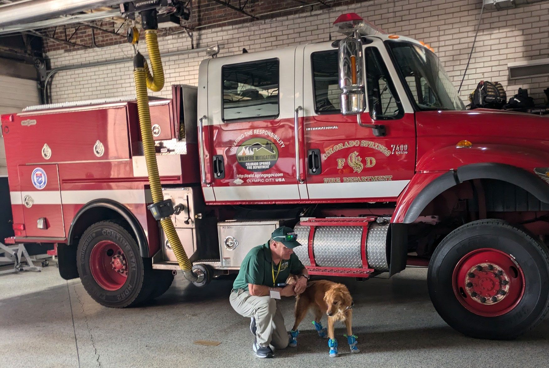 A HOPE AACR team member kneels beside a golden retriever wearing blue protective booties in front of a bright red fire truck inside a fire station garage, highlighting the partnership between HOPE teams and first responders.